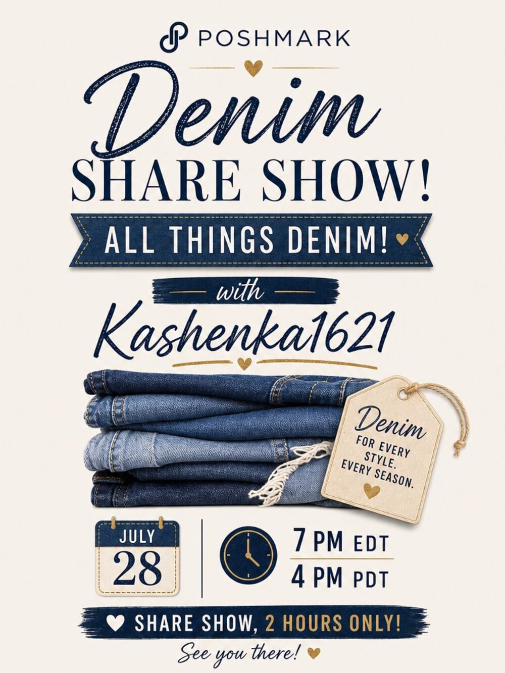 Denim 2 hour share show! Add to tray early!